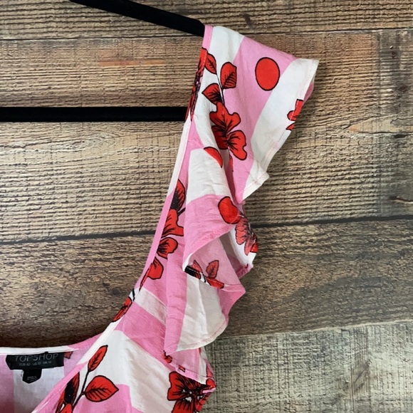 Topshop ruffle sleeveless crop top pink red floral pattern Size 10 - Picture 2 of 9